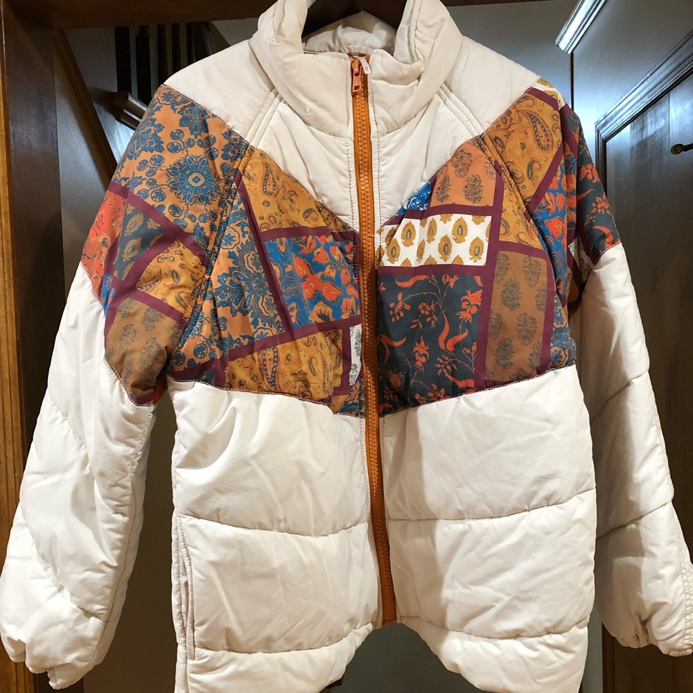Free People Isobel Patterned Mid Length Puffer Coat
